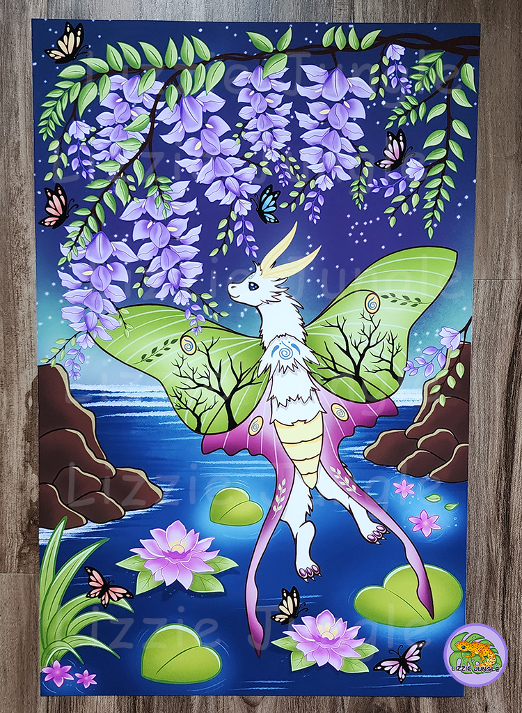 Moth Dragon in Wisteria Flower Field Art Print