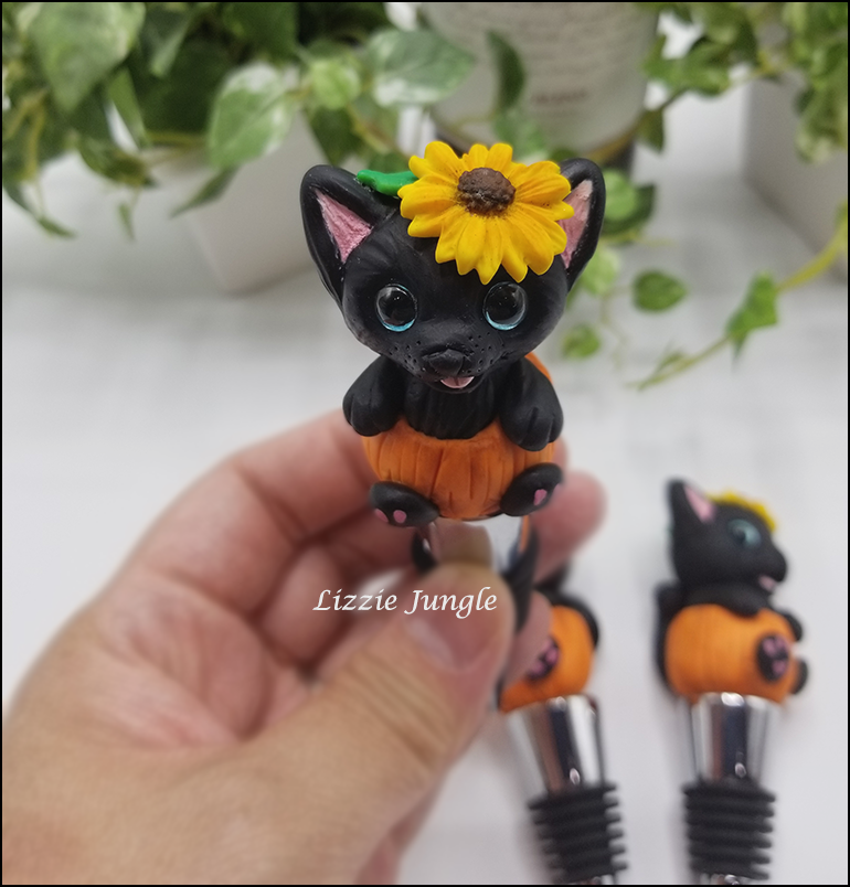 Black Kitten in Pumpkin Bottle Stopper