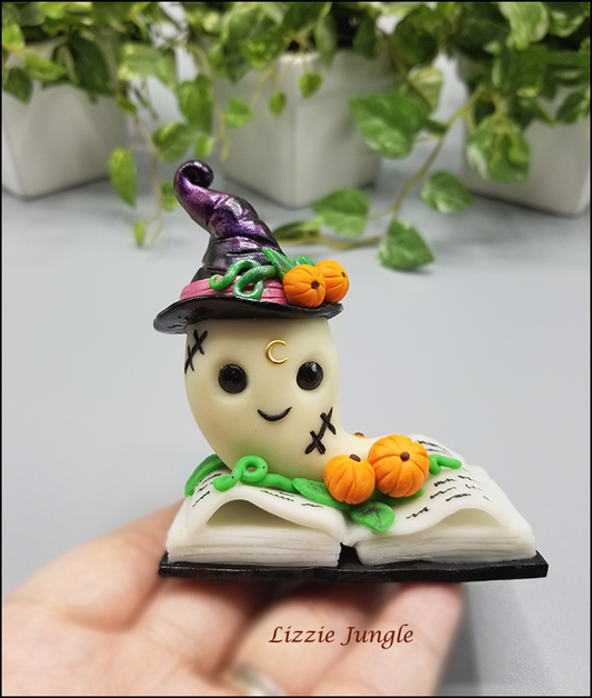 Zinia - Cute OOAK Book Ghosty with Purple Witch Hat