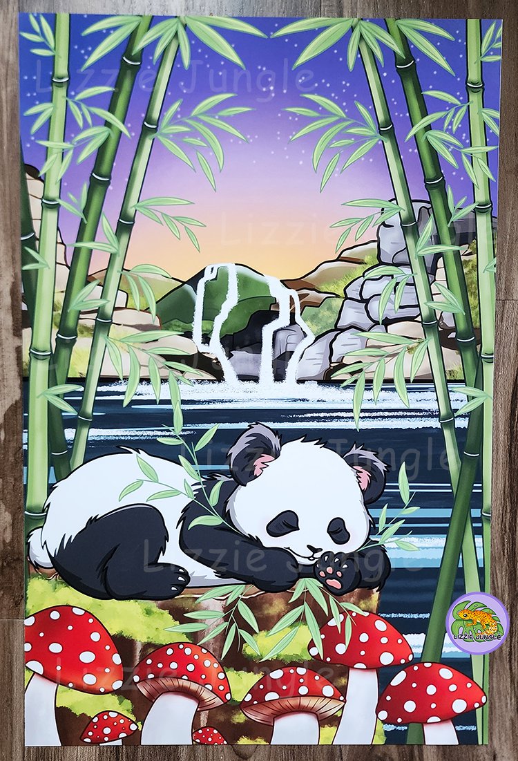 Sleepy Panda Resting in Bamboo Field - Art Print