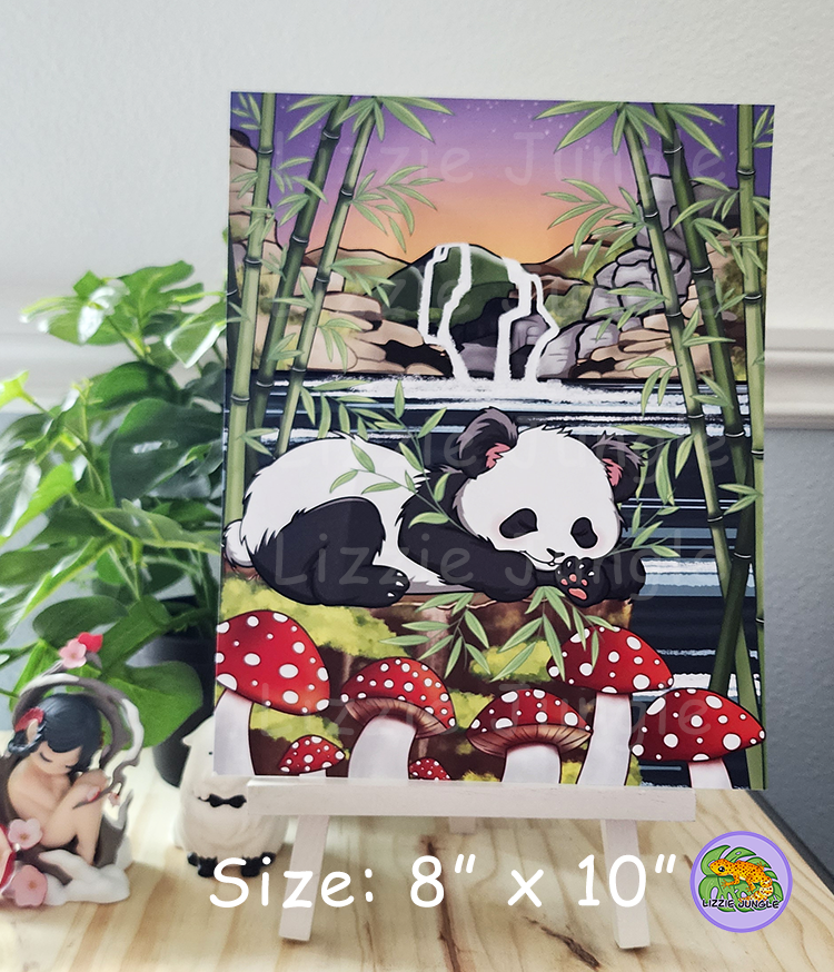 Sleepy Panda Resting in Bamboo Field - Art Print