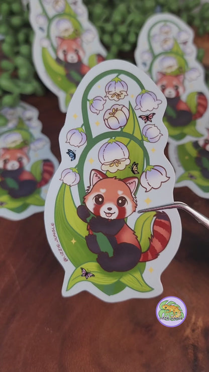 Red Panda holding Lily of The Valley :: Vinyl Sticker