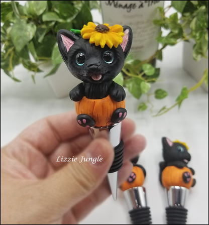 Black Kitten in Pumpkin Bottle Stopper