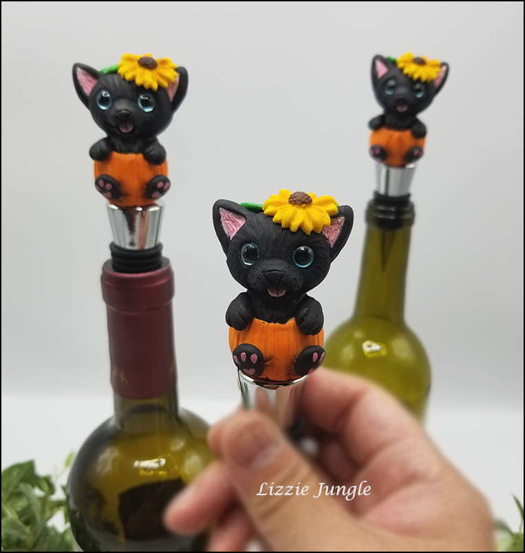 Black Kitten in Pumpkin Wine Stopper