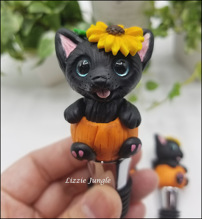 Black Kitten in Pumpkin Bottle Stopper