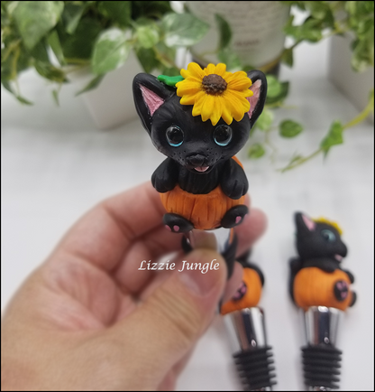 Black Kitten in Pumpkin Bottle Stopper