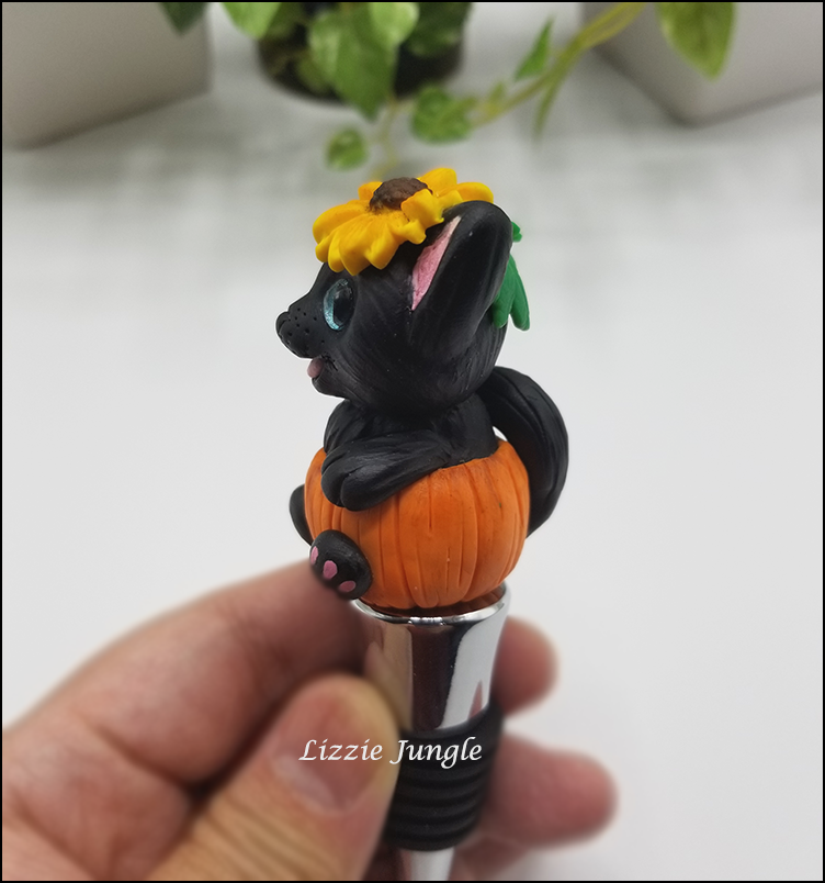 Black Kitten in Pumpkin Wine Stopper