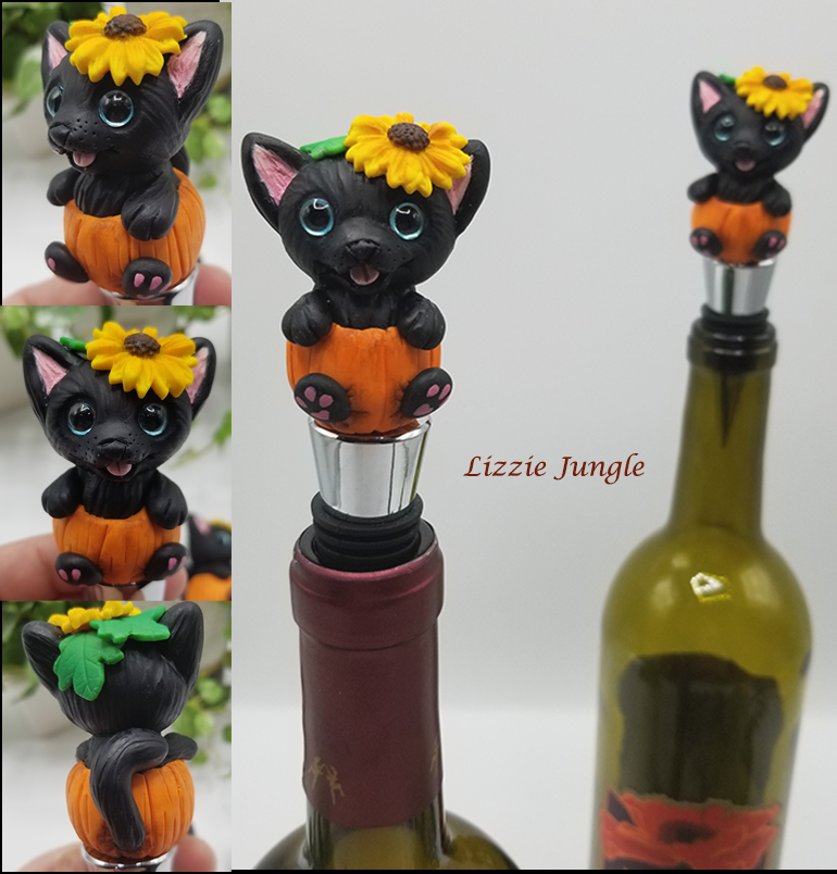 Black Kitten in Pumpkin Wine Stopper